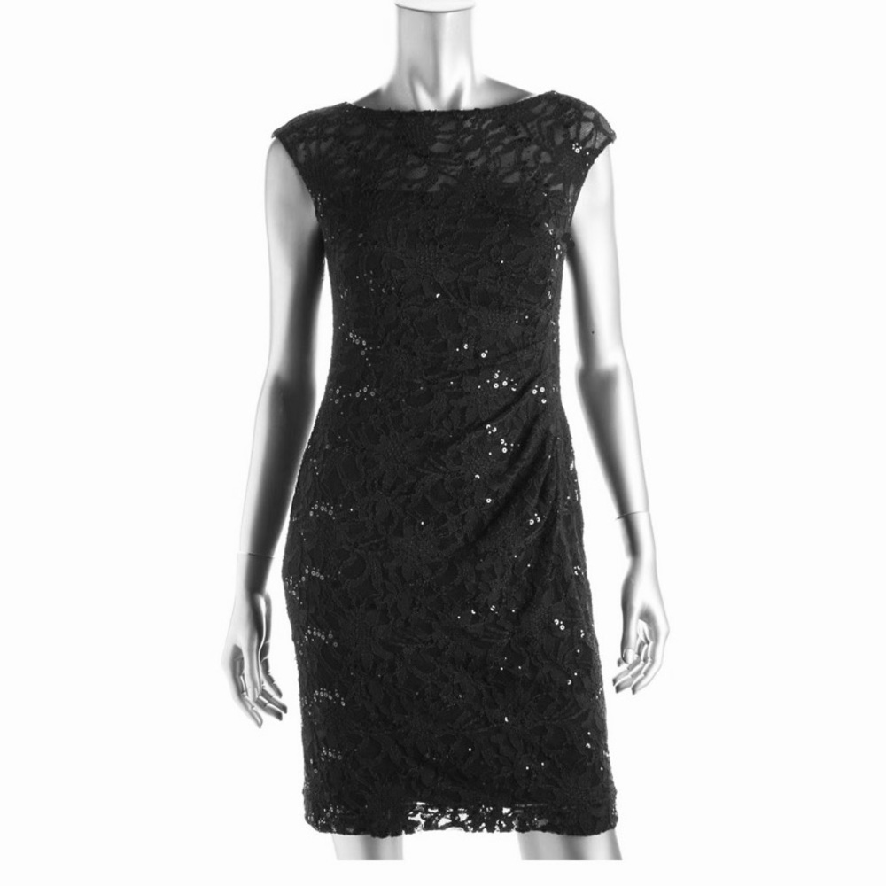 ✨ Ralph Lauren Black Lace & Sequin Cocktail Dress – Size 8P ✨